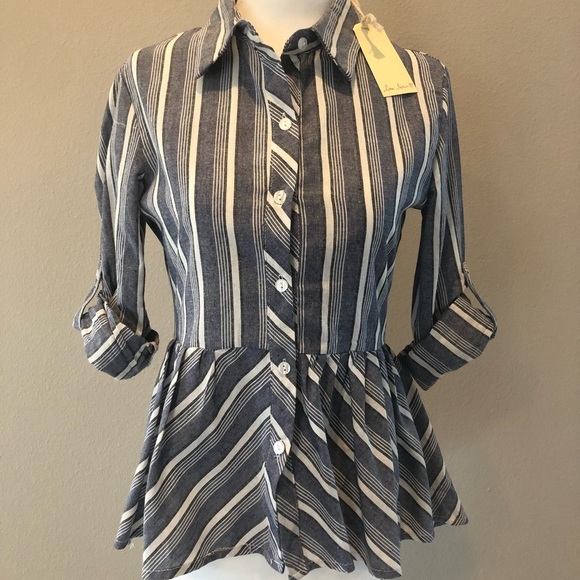 NWT Denim & White Striped Collard Button Down Love Notes Shirt - Size: Small - Picture 2 of 12